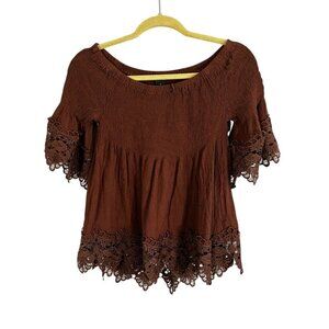 Retro Crinkle Floral Lace Top Brown L Boho Indie Folk Festival Concert Earthy